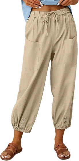 Wanzetaly Summer Cotton Linen Capri Pants for Women Loose Cropped Stretch Tapered Lantern Harem Pants Capris