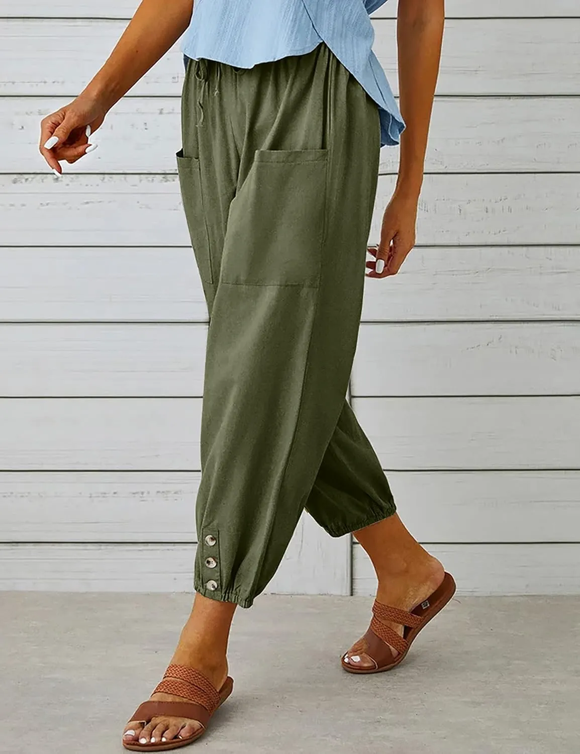 Wanzetaly Summer Cotton Linen Capri Pants for Women Loose Cropped Stretch Tapered Lantern Harem Pants Capris