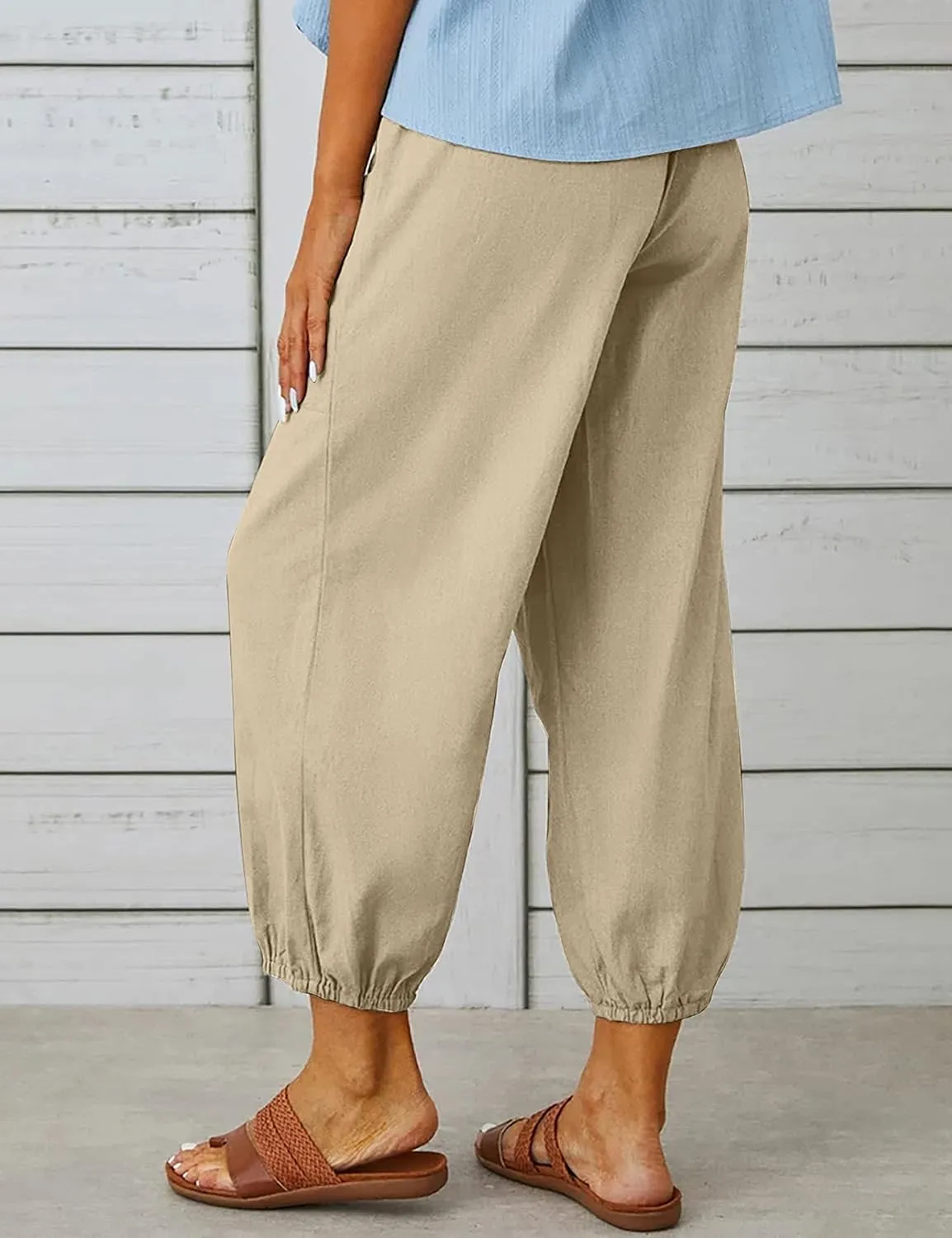 Wanzetaly Summer Cotton Linen Capri Pants for Women Loose Cropped Stretch Tapered Lantern Harem Pants Capris