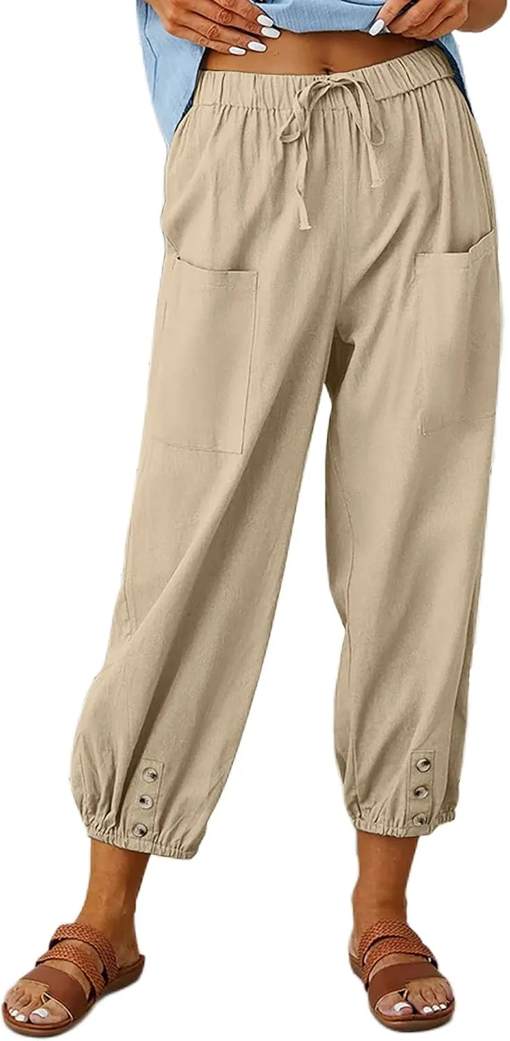 Wanzetaly Summer Cotton Linen Capri Pants for Women Loose Cropped Stretch Tapered Lantern Harem Pants Capris