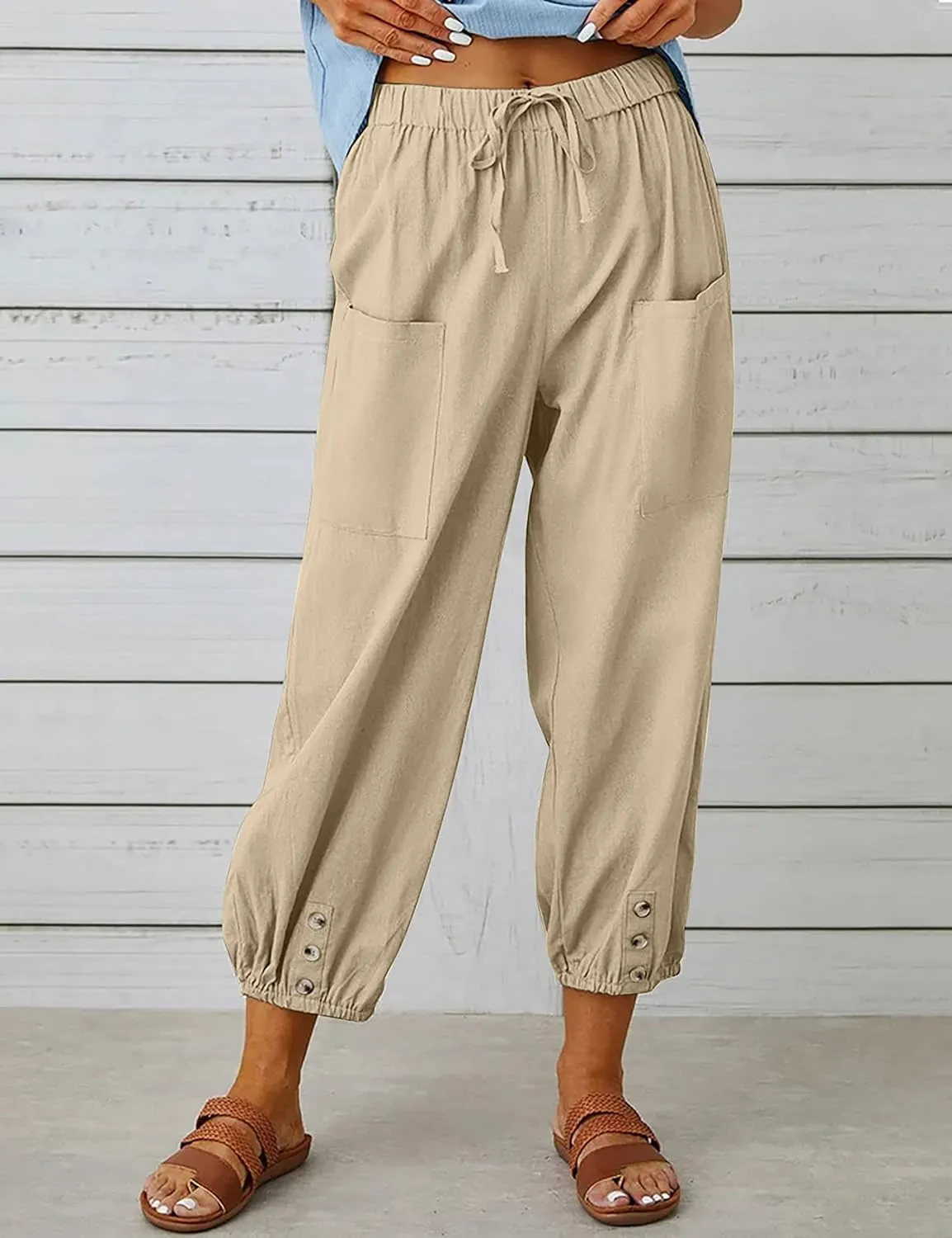 Wanzetaly Summer Cotton Linen Capri Pants for Women Loose Cropped Stretch Tapered Lantern Harem Pants Capris