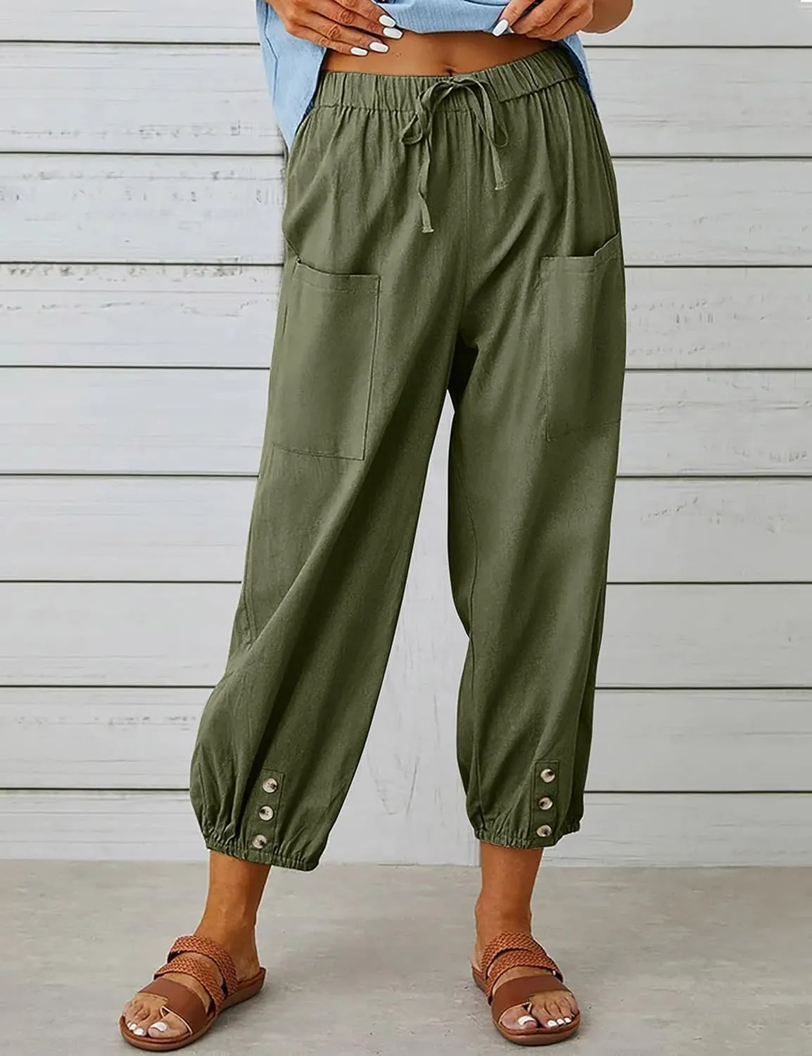 Wanzetaly Summer Cotton Linen Capri Pants for Women Loose Cropped Stretch Tapered Lantern Harem Pants Capris