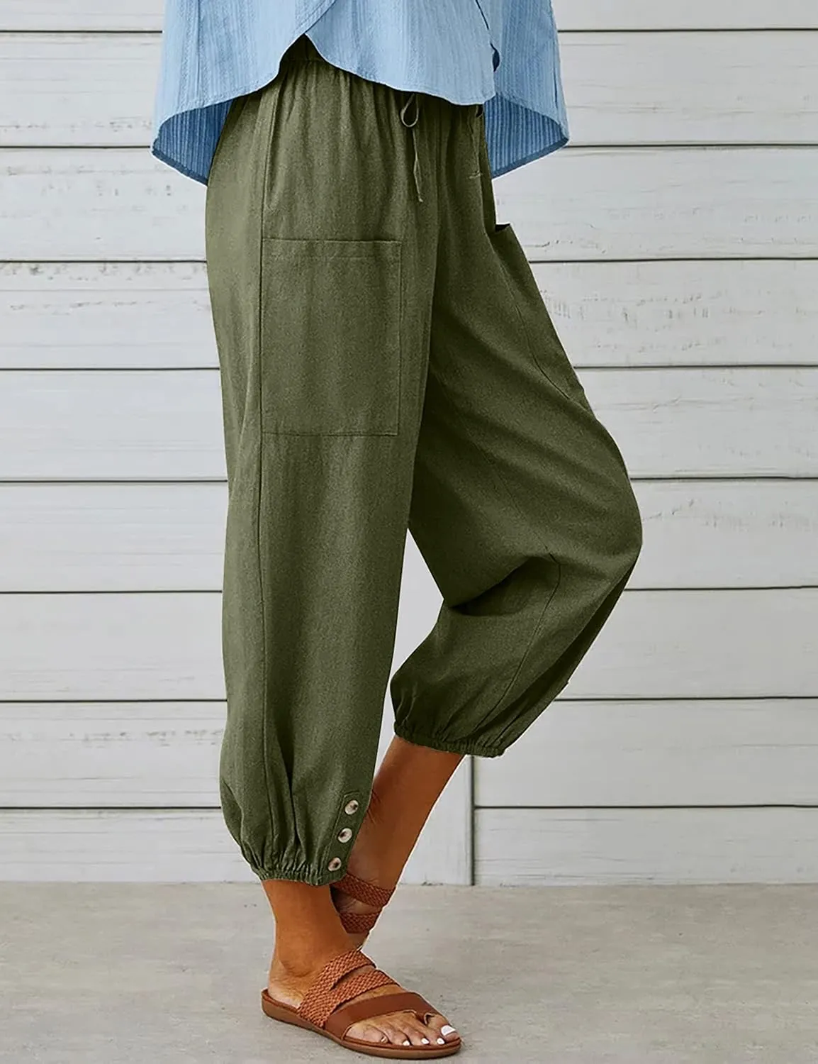 Wanzetaly Summer Cotton Linen Capri Pants for Women Loose Cropped Stretch Tapered Lantern Harem Pants Capris