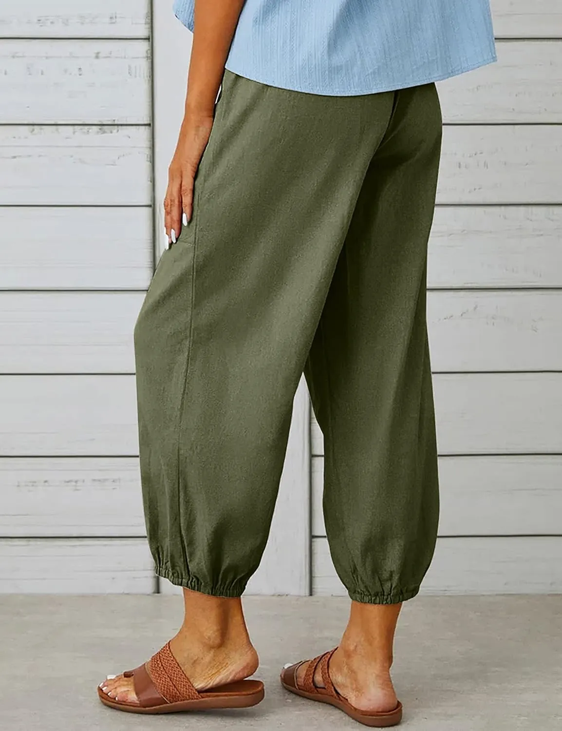 Wanzetaly Summer Cotton Linen Capri Pants for Women Loose Cropped Stretch Tapered Lantern Harem Pants Capris
