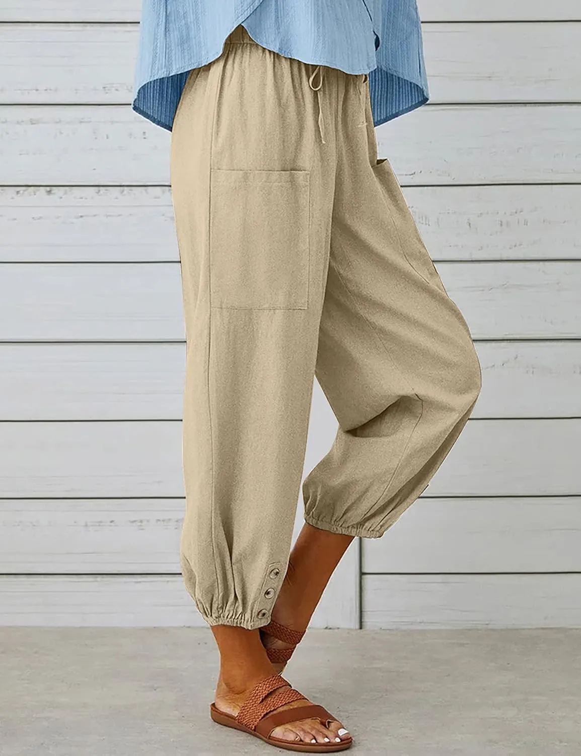 Wanzetaly Summer Cotton Linen Capri Pants for Women Loose Cropped Stretch Tapered Lantern Harem Pants Capris