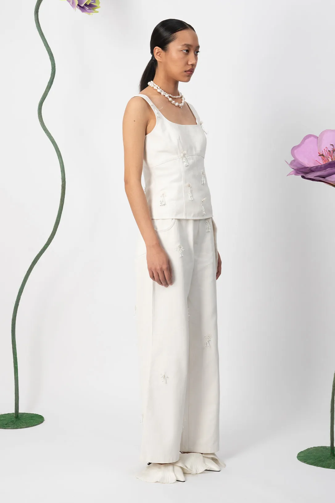 White dayflower handcrafted pants