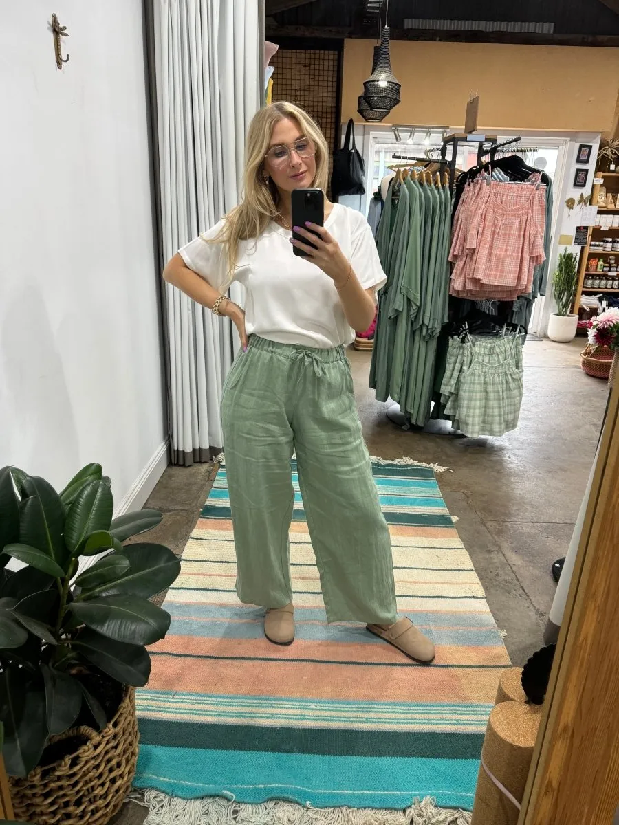 Wide Leg Linen Pant in Pistachio