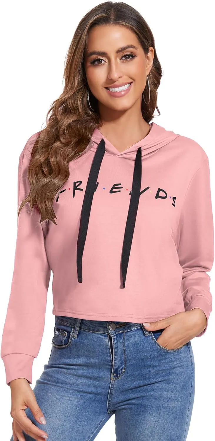 Women Cute Printed Letter Hoodie Cropped Pullover Sweatshirts Casual Gym Tops Drawstring Fall Winter Tunics
