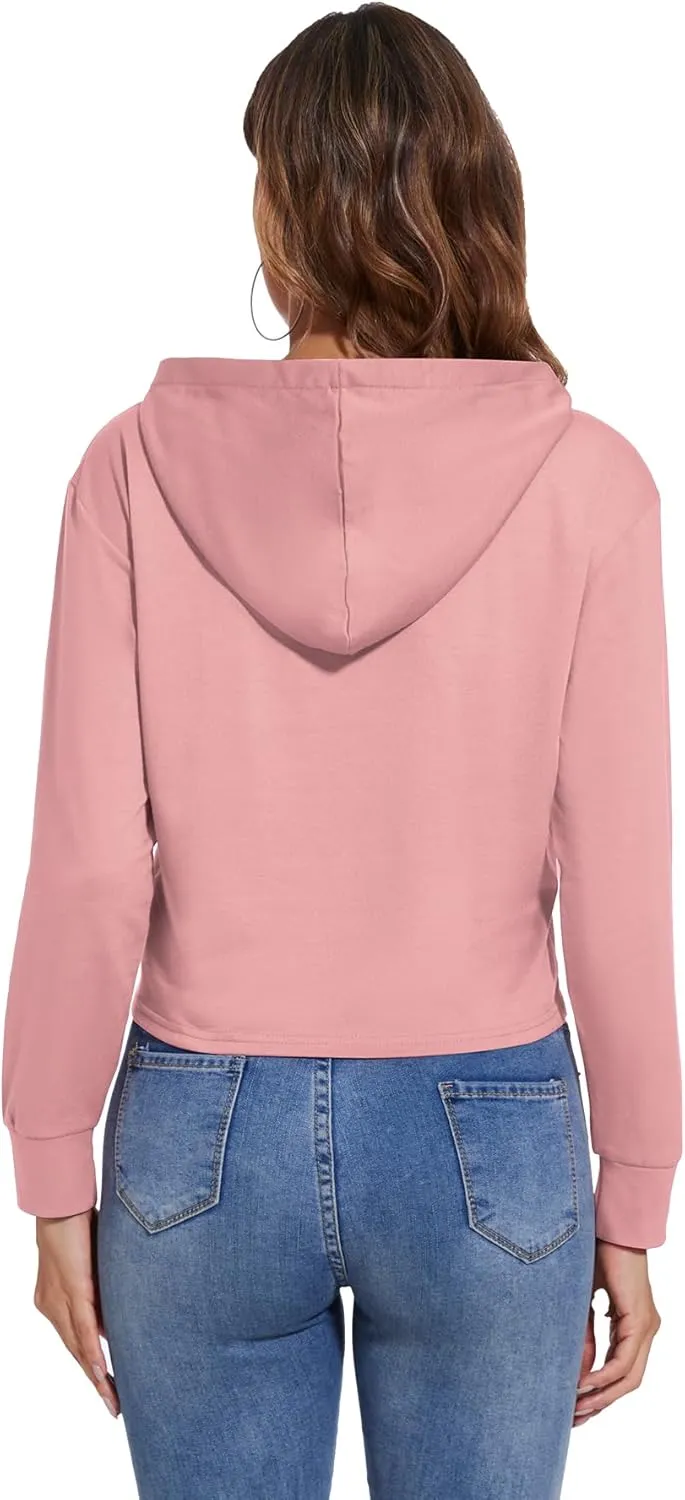 Women Cute Printed Letter Hoodie Cropped Pullover Sweatshirts Casual Gym Tops Drawstring Fall Winter Tunics
