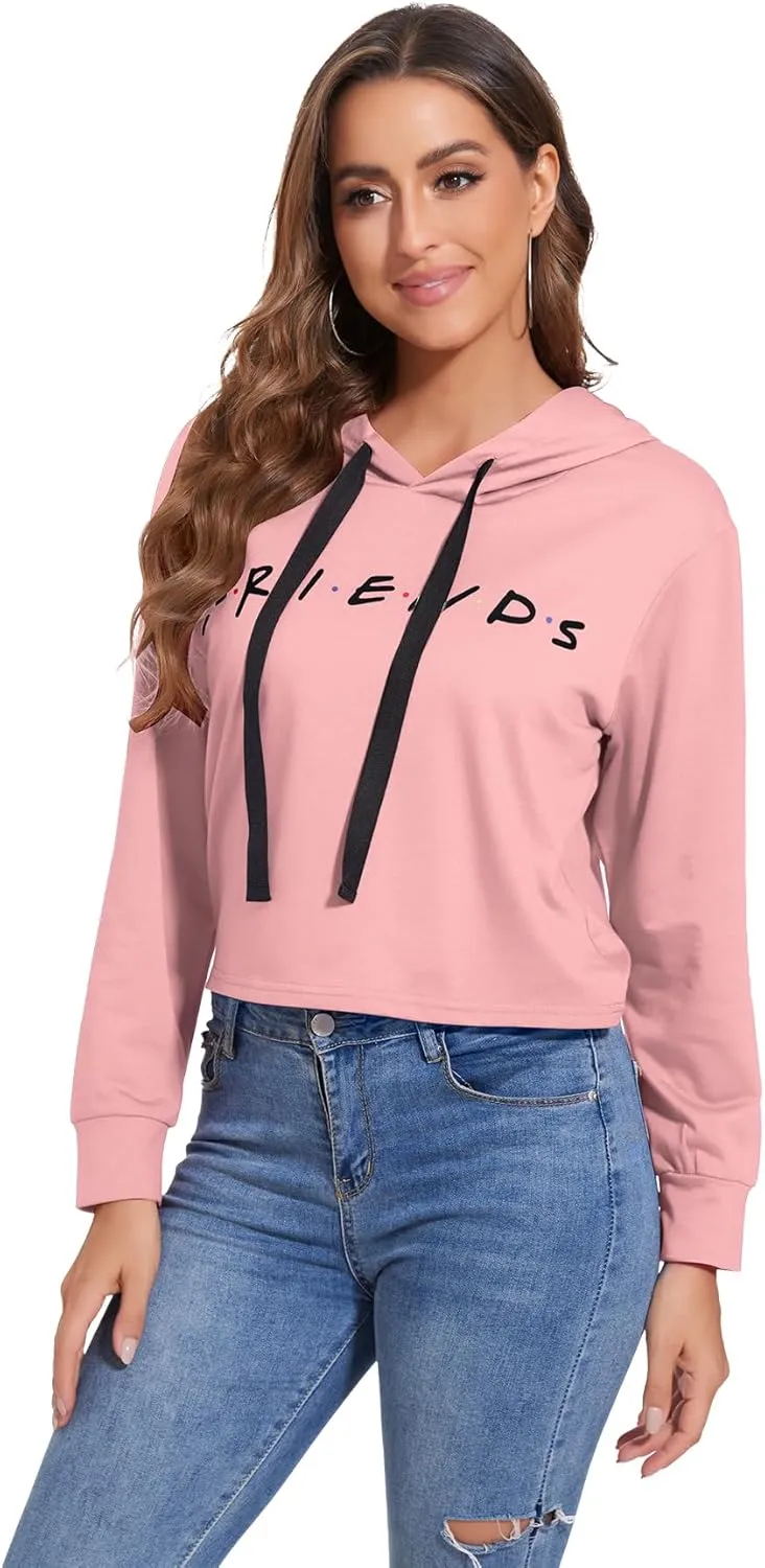 Women Cute Printed Letter Hoodie Cropped Pullover Sweatshirts Casual Gym Tops Drawstring Fall Winter Tunics