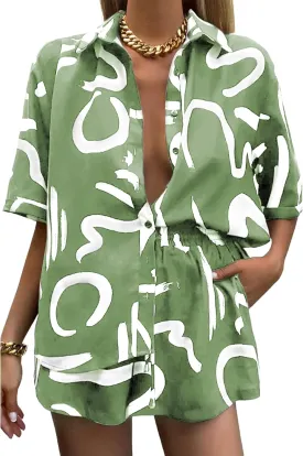 Women's 2 Piece Outfit Sets Summer Beach Casual Printed Shirts and Shorts Lounge Sets