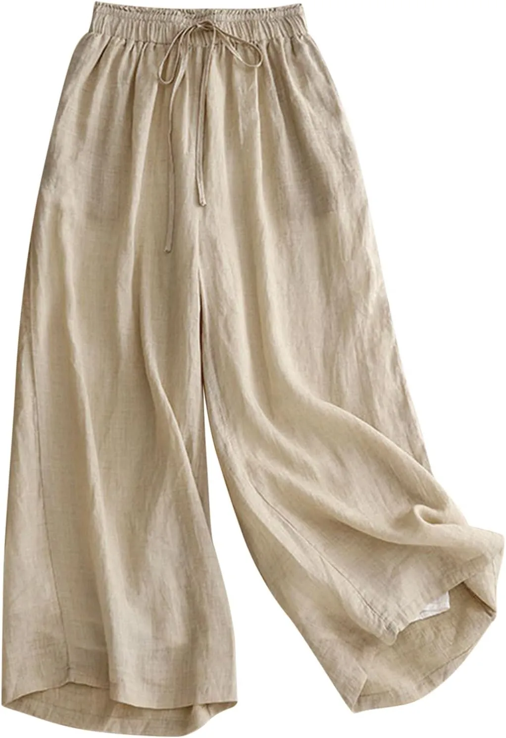 Women's Culottes Linen Cropped Pants with Pockets Wide Leg Pants Elastic Waist Casual Palazzo Trousers 2025 Fashion