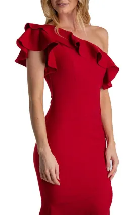 Women's Red One Shoulder Dress With Frill Feature