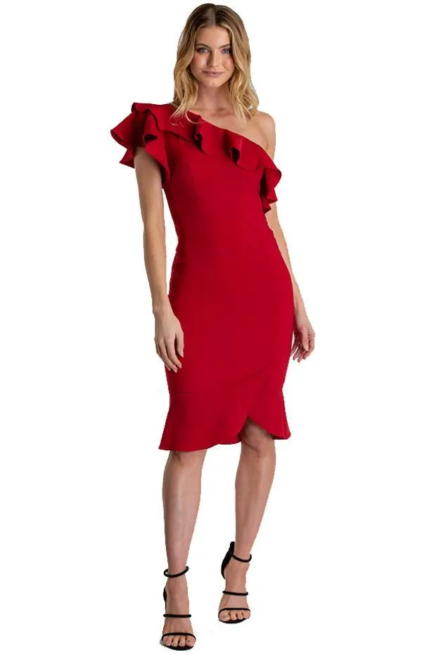 Women's Red One Shoulder Dress With Frill Feature