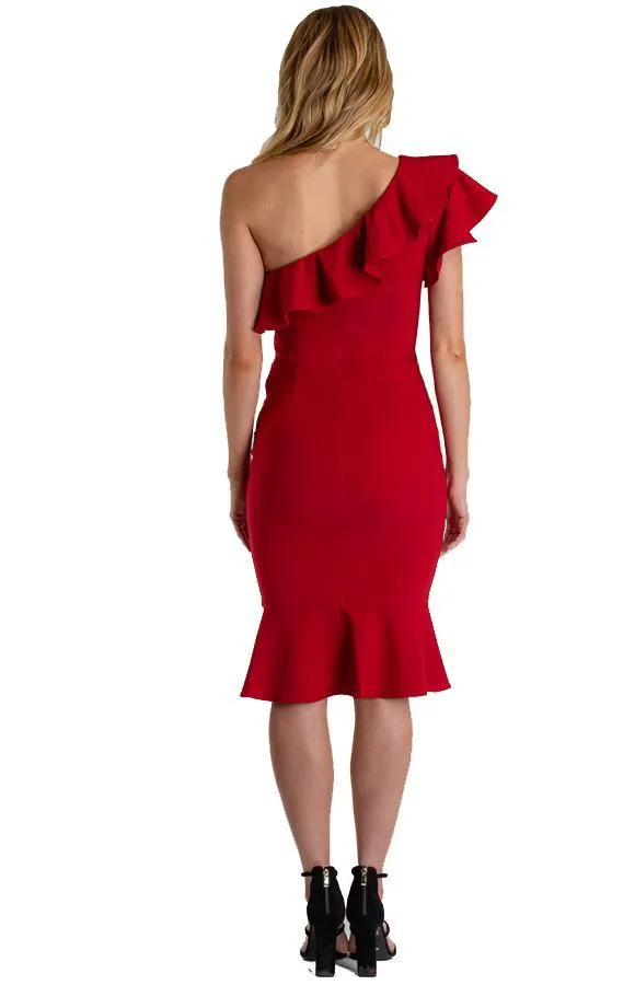 Women's Red One Shoulder Dress With Frill Feature