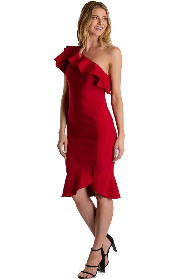 Women's Red One Shoulder Dress With Frill Feature