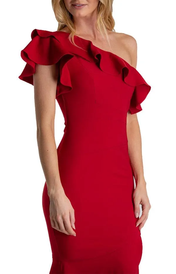 Women's Red One Shoulder Dress With Frill Feature
