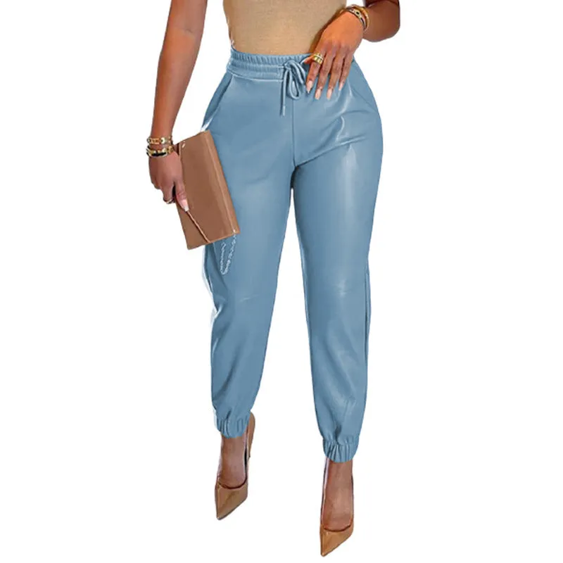 Women's Solid Color Drawstring Pocket PU Leather Trousers